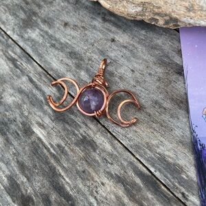 Wire Wrapped Amethyst Triple Moon Goddess Pendant Necklace